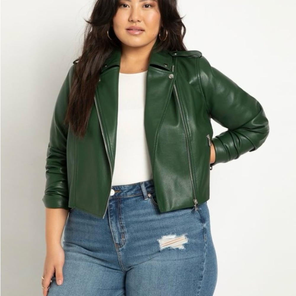 Eloquii Green Faux Leather Moto Jacket